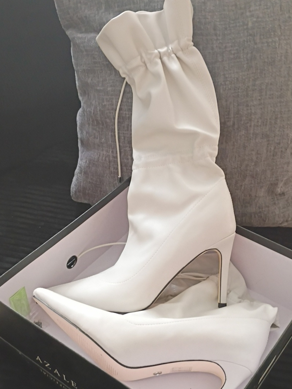 White Drawstring Sock Booties with Pointed Toe Heel
